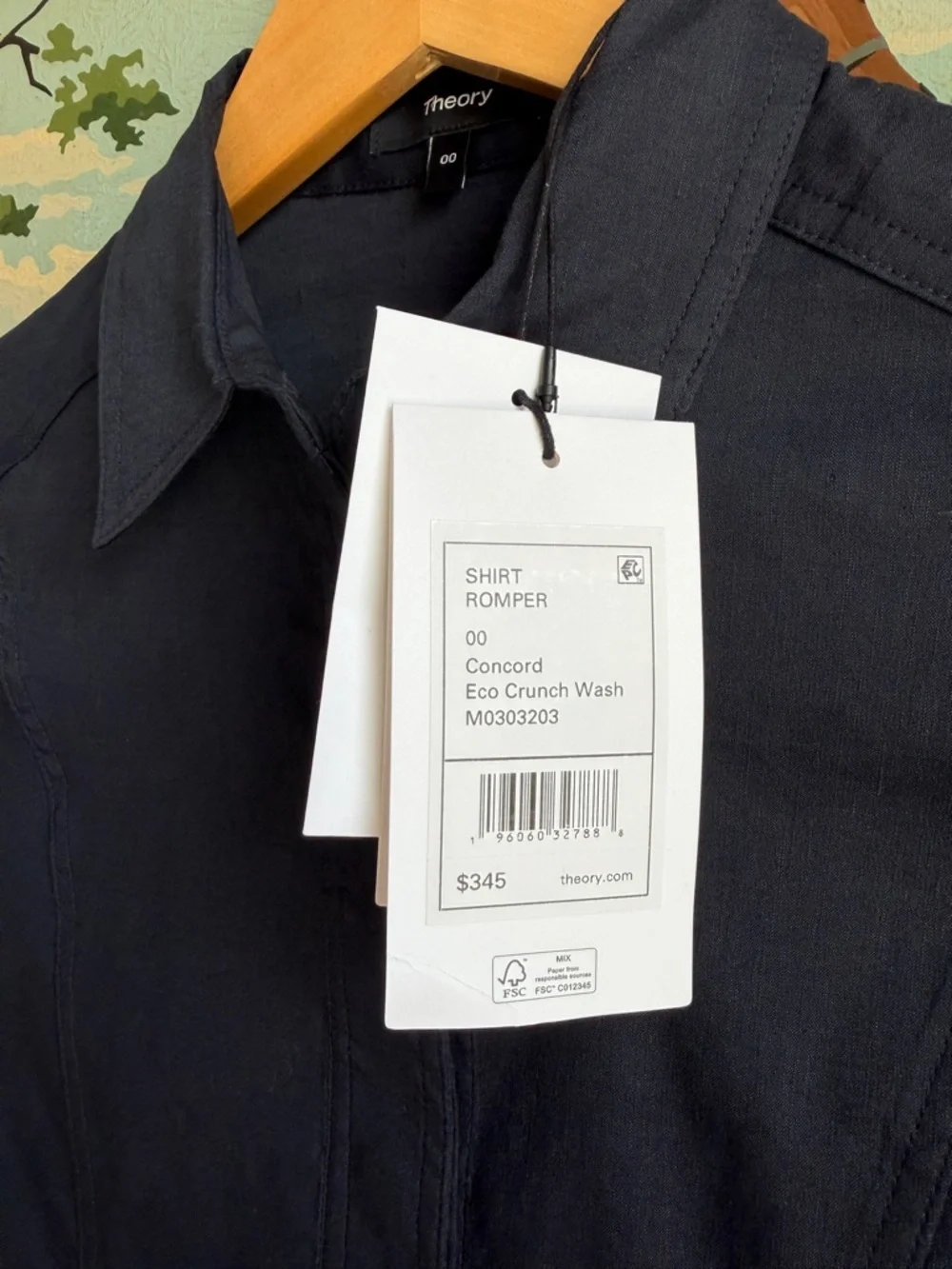 Theory Linen Shirt Romper Concord Navy Short Sleeve Size 00 Button Up NWT